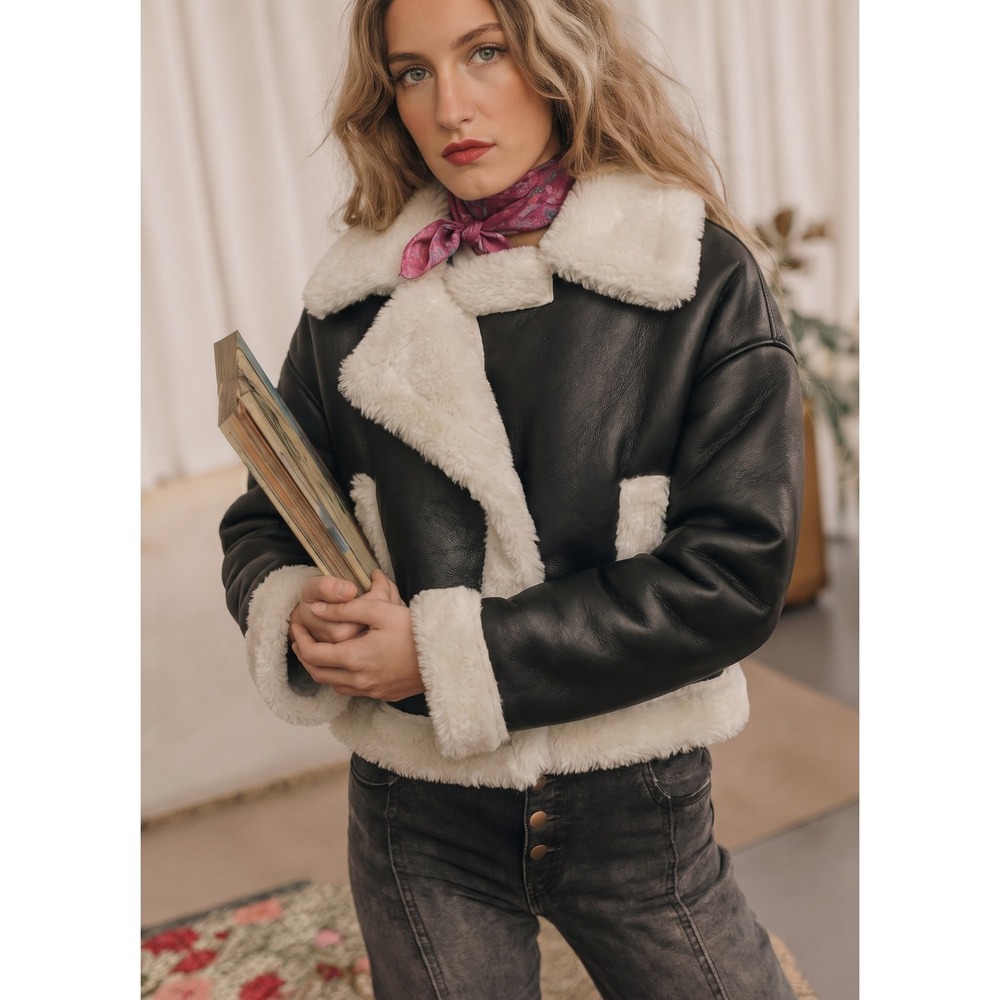 Abercrombie & Fitch Aviator Jacket Womens Small Black Vegan Leather Sherpa Lined